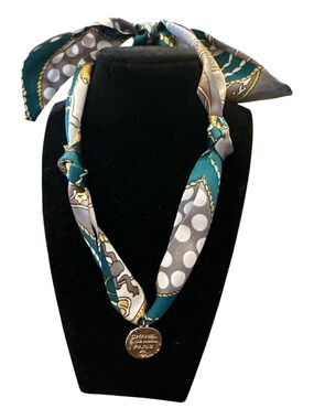 Teal & Gray Silk Scarf Necklace with Authentic Silver Charm